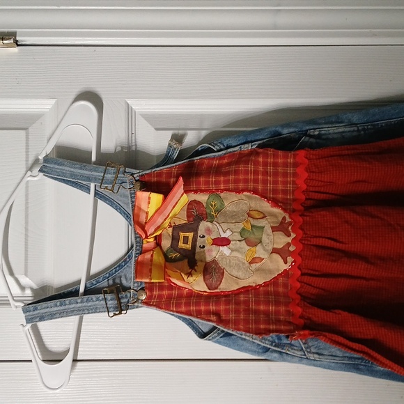 Guess overalls upcycled Thanksgiving Turkey Holiday overalls Sz 4 - Picture 3 of 9